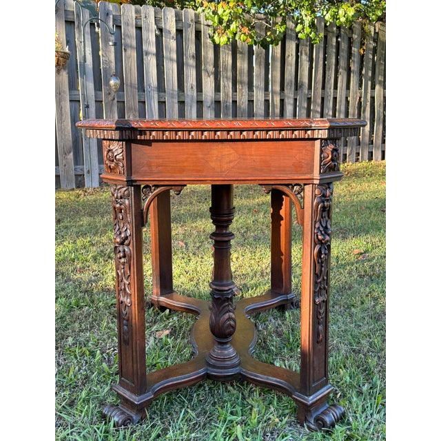 Fine Antique Early 1900s Victorian Mahogany Carved & Inlaid Marquetry Library Table For Sale - Image 11 of 18