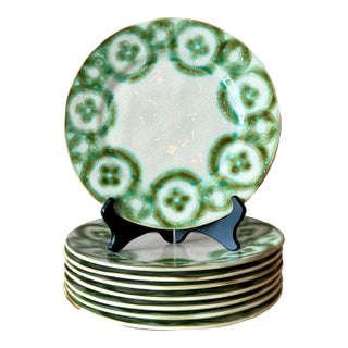 Vintage Boho Portuguese Glazed Ceramic Clover Plates - Set of 8 For Sale