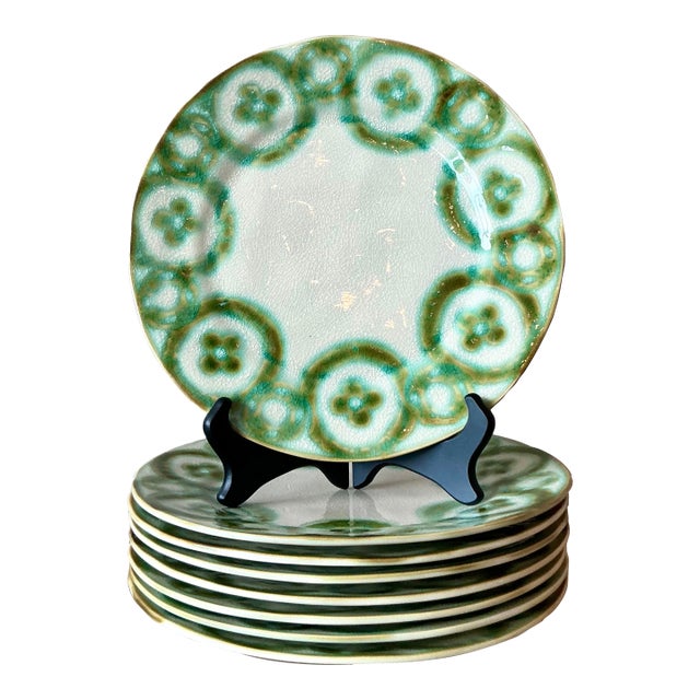 Vintage Boho Portuguese Glazed Ceramic Clover Plates - Set of 8 For Sale