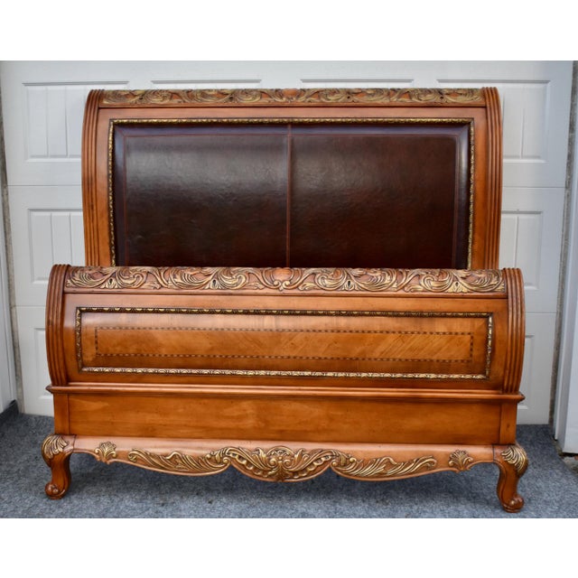 Legacy Pine Upholstered Sleigh Bed Carved and Inlaid Ornate Queen Frame For Sale - Image 9 of 18
