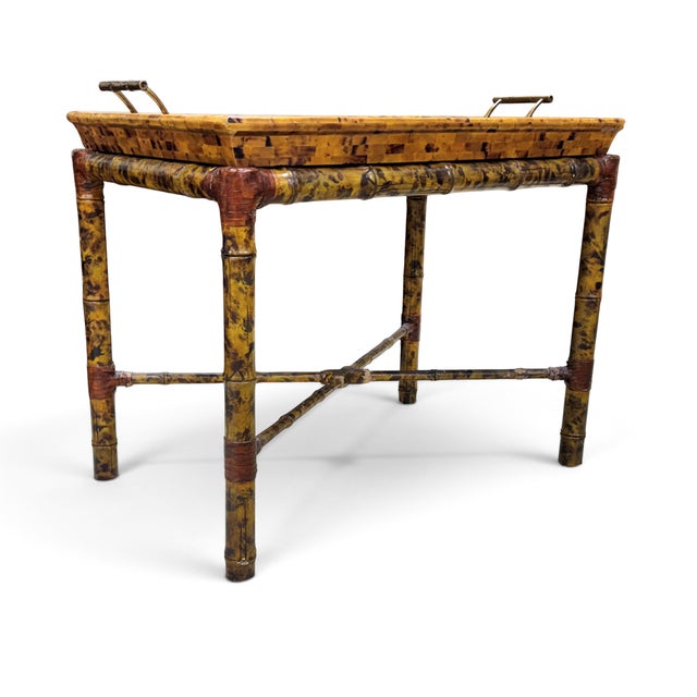 Late 20th Century Boho Maitland Smith Tortoise Bamboo and Tessellated Penshell Tray Table For Sale - Image 5 of 18