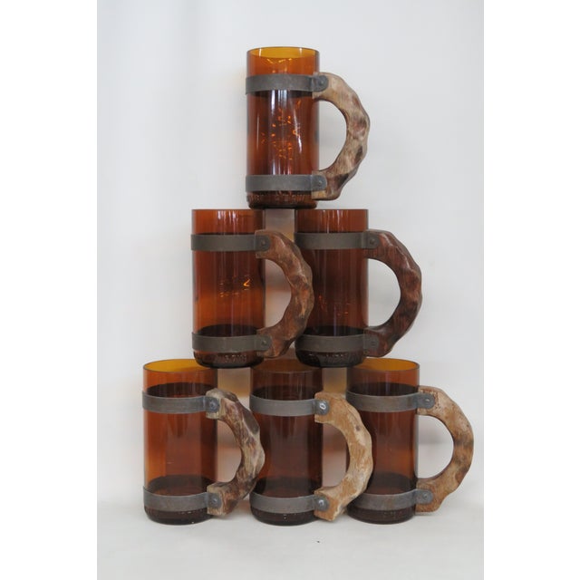 Amber Brown Glass With Wood Handle Beer Mug Set of Six 4661b For Sale - Image 10 of 18