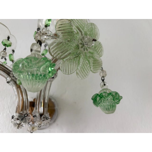 1920s C 1920 Rare Pair Green Murano Flowers Ribbon Crystal Sconces One of Kind For Sale - Image 5 of 12
