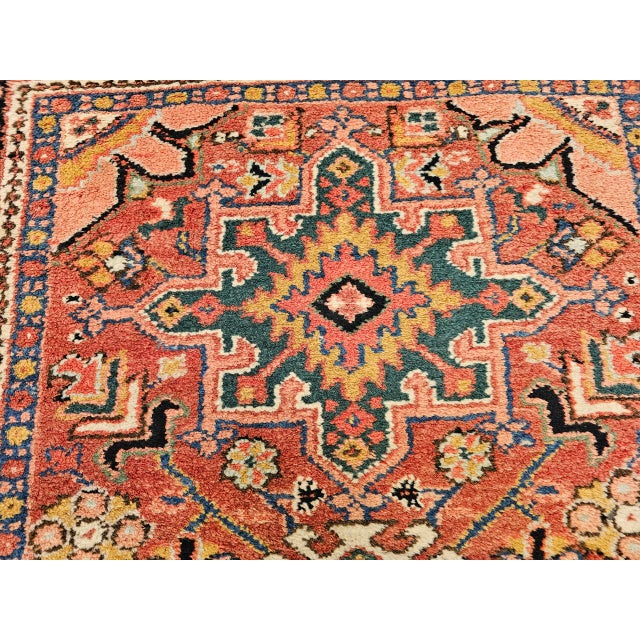 Vintage Persian Heriz Karajah Rug, Hand-Knotted Wool, Geometric Pattern, Rust-Red & Navy, 4x5 For Sale - Image 15 of 18