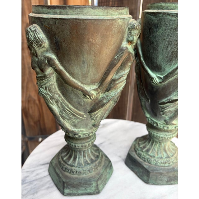 1900 - 1909 Pair of 11.5" Antique Art Nouveau Bronze Chalice Urns With Dancing Nymphs For Sale - Image 5 of 10