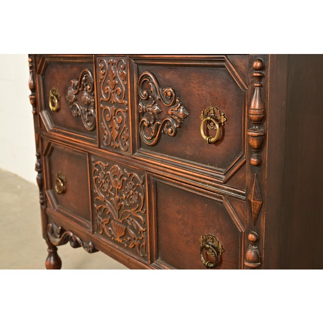 Berkey & Gay Style Antique English Jacobean Carved Walnut Highboy Dresser, Circa 1920s For Sale - Image 11 of 16