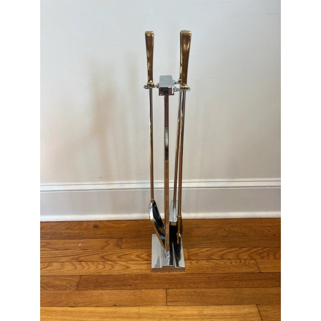 Mid Century Modernist Fireplace Tools Chrome and Brass For Sale - Image 9 of 9