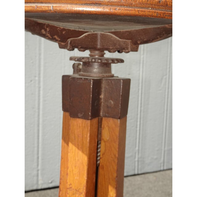 Antique Industrial Adjustable Swivel Oak Drafting Stool Barstool 1of3 ~ # 1 For Sale - Image 4 of 16