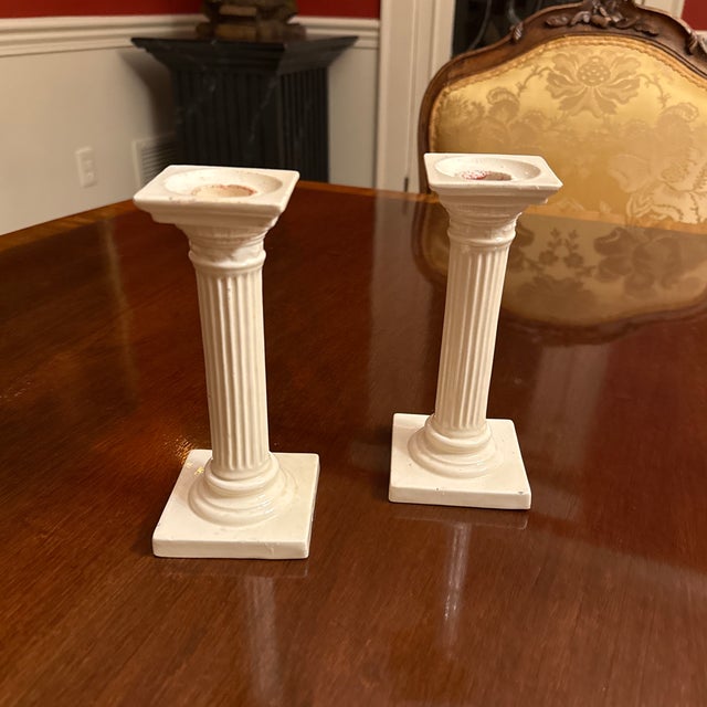 Pair of Antique Creamware Column Candlesticks For Sale - Image 4 of 6
