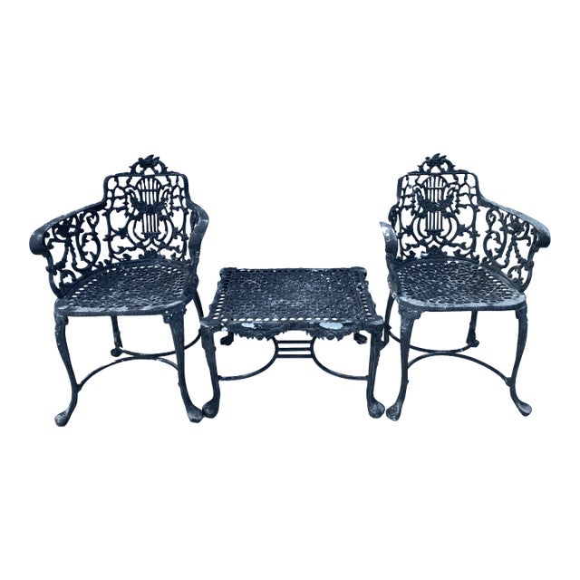 Mid 19th C Cast Iron Lyre Back Garden Chairs and Table - Set of 3 For Sale