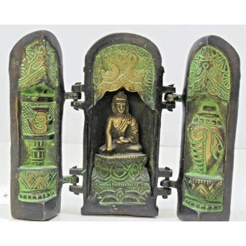 Metal Vintage Mid-Century Tibetan Folding Buddhist Triptych Shrine Altar Cast Bronze-Verdigris For Sale - Image 7 of 10