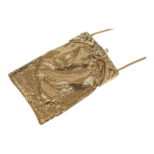 Whiting & Davis Figural Face Flower Frame Mesh Chainmail Gold Purse Evening Bag