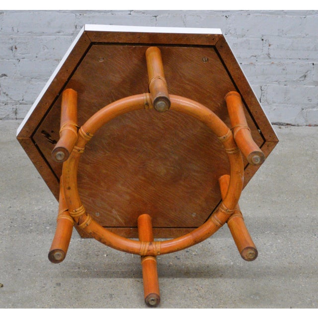 Mid-Century Modern MCM Octagonal Bamboo Enamel White Laminate James Mont Style Side Table For Sale - Image 3 of 7