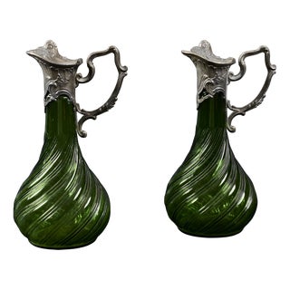 Late 19th Century Victorian Green Glass Claret Jugs, Set of 2 For Sale
