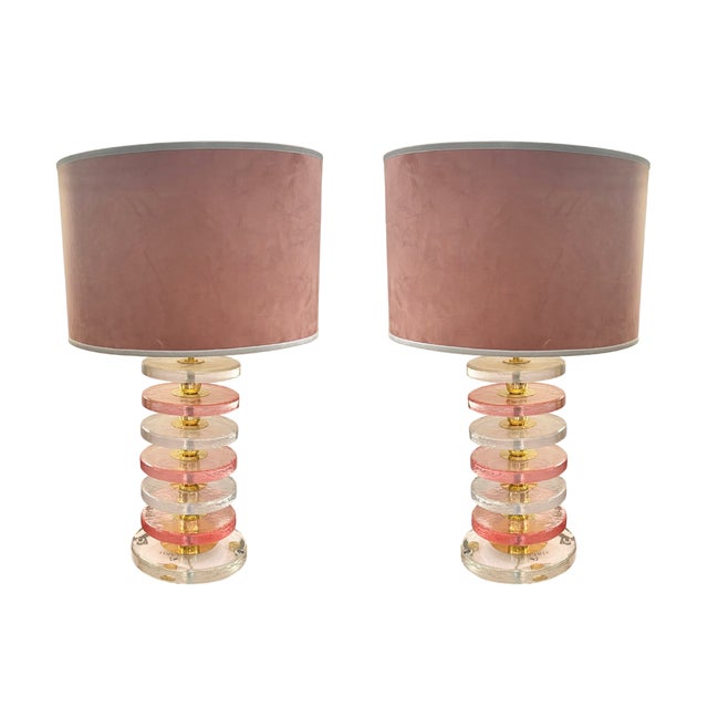 Metal Table Lamps with Pink Murano Discs, 1980s, Set of 2 For Sale - Image 7 of 7