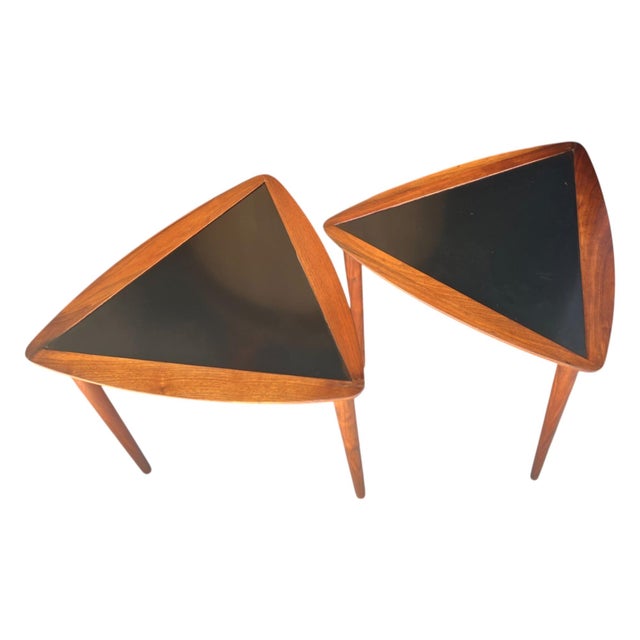 1960s Pair of Restored Danish Modern Teak & Black Laminate Triangle Side Tables – Mid-Century Accent Set For Sale - Image 12 of 13