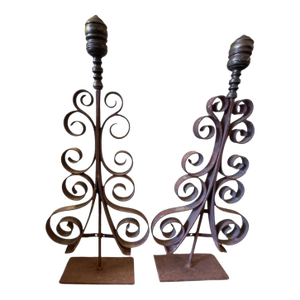 Pair of French Wrought Iron Scroll Andirons Fire Dogs With Brass Finials, Mid-20th Century
