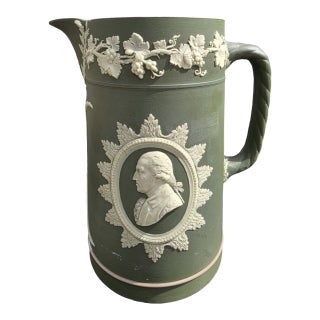 Antique Wedgwood Green Jasperware Relief Pitcher Jug, England For Sale