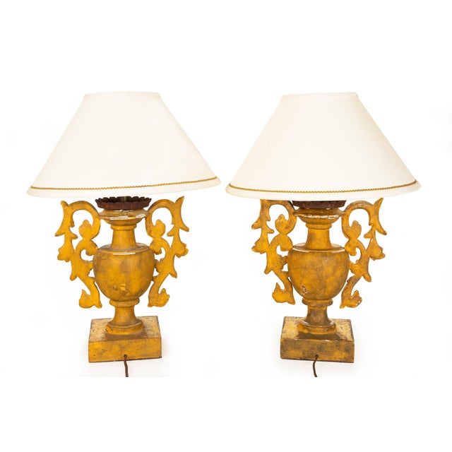 Vintage Pair of Carved Giltwood Table Lamps For Sale - Image 4 of 12