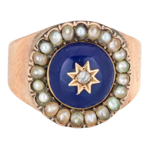Antique Victorian Diamond Pearl Blue Enamel 10k Rose Gold Signet Pinky Ring Size 5