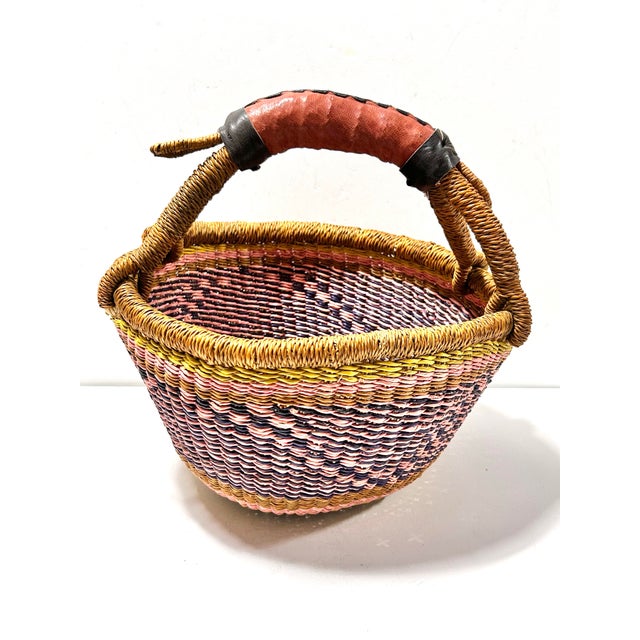 African Vintage African Bolga Basket – Handwoven Ghana Market Basket With Leather Wrapped Handle For Sale - Image 3 of 9