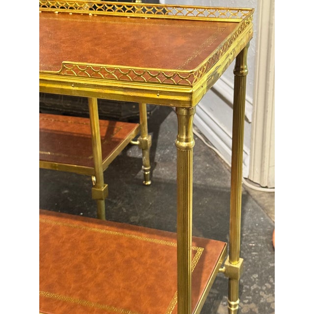 Pair of Italian Bagues Style Brass and Leather Side Tables For Sale - Image 4 of 9