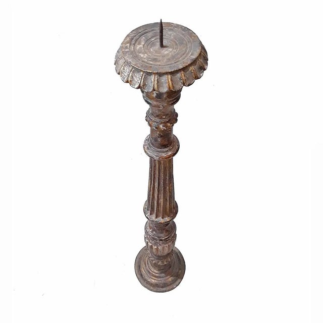 Hand-Carved Wood Candlestick From India, Mid-20th Century For Sale - Image 9 of 13