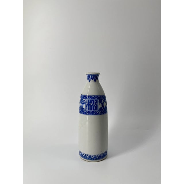 Japanese Vintage Japanese Sake Bottle With Blue Floral Motif – Traditional Ceramic Tokkuri For Sale - Image 3 of 8