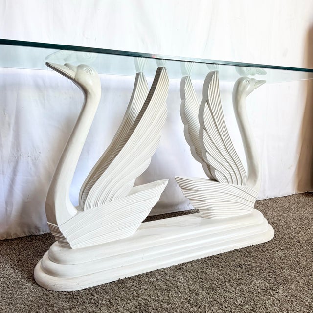 White Hollywood Regency Wooden Swan Glass Top Console Table For Sale - Image 8 of 8