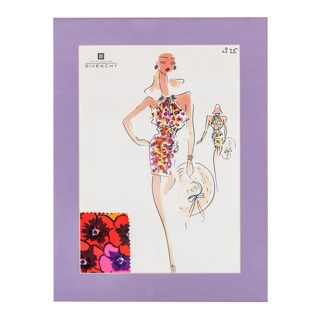 "Givenchy Glam" Hand-Color Fashion Plate W Swatch Attached For Sale