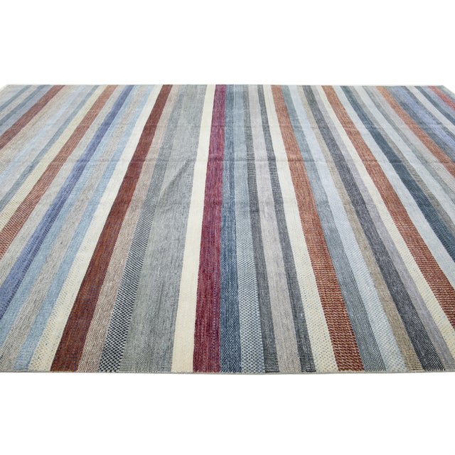 2020s Striped Designed Modern Savannah Handmade Wool Rug in Gray For Sale - Image 5 of 12