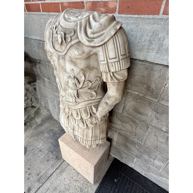 Late 20th Century Life Sized Marble Roman General Statue On Travertine Block Garden Ornament For Sale - Image 13 of 17