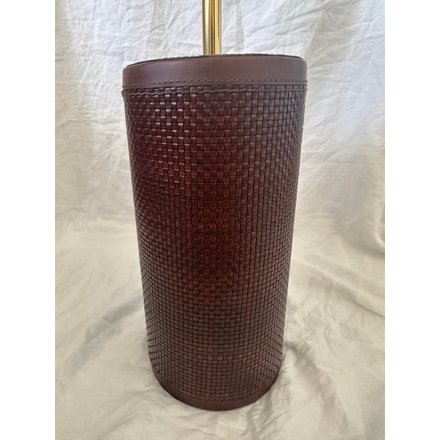 Brown Baker Knapp & Tubbs Wrapped Woven Leather & Brass Cylinder Table Lamps For Sale - Image 8 of 12