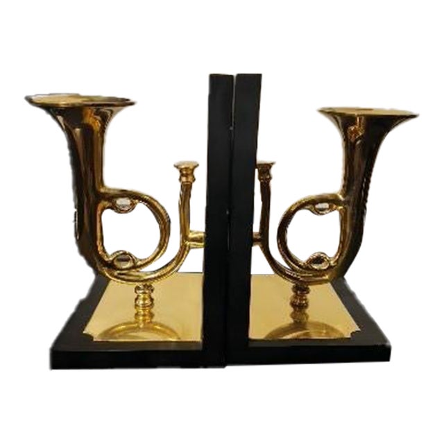 Mid 20th Century Sarreid Ltd. Limited Edition Solid Brass Trumpet Sculptural Bookends - Pair For Sale