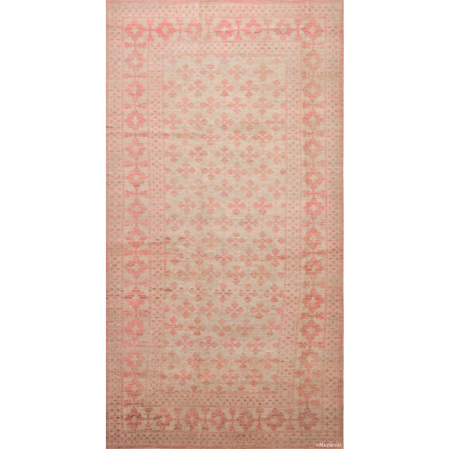 Nazmiyal Collection Ivory and Coral Tribal Geometric Modern Long Narrow Area Area Rug For Sale
