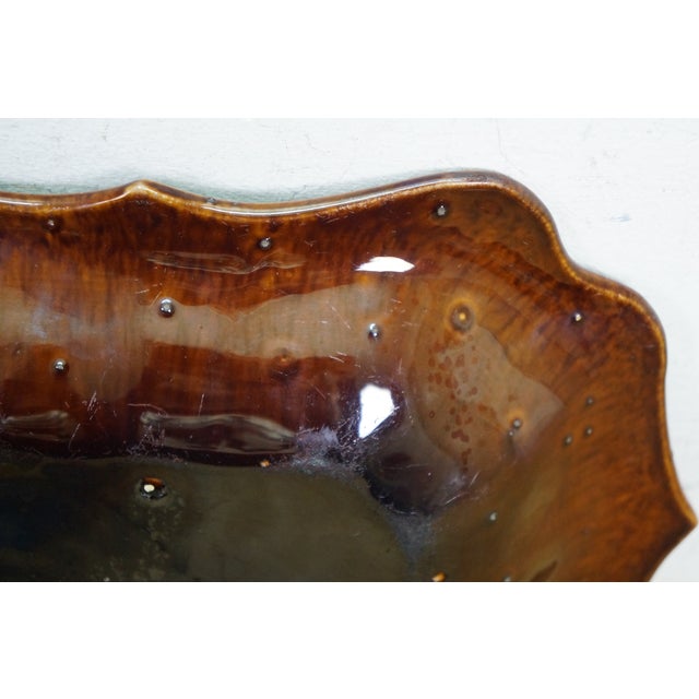 Antique Ceramic Brown Glazed Scalloped Dish Tray Centerpiece Bowl Compote 11" For Sale - Image 10 of 10