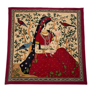 Vintage Silk Embroidered Mughal Lady Textile Wall Hanging | Figural Folk Art Tapestry For Sale