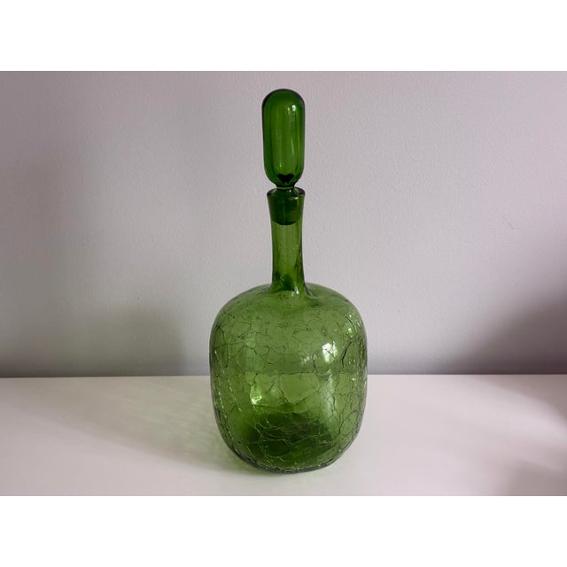 1960s Vintage Blenko 657m Crackle Glass Decanter by Joel Philip Myers - Large Green Art Glass For Sale - Image 5 of 10