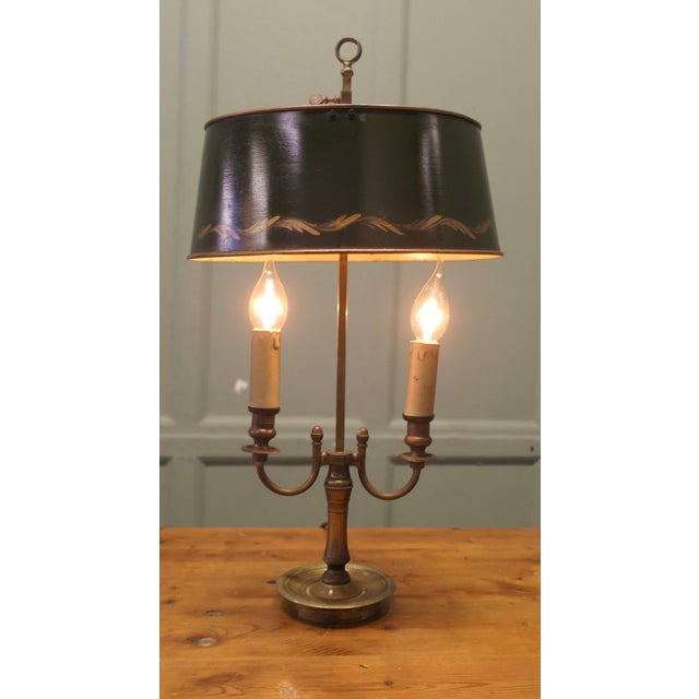 Green Toleware and Brass Twin Bouillotte Desk Lamp For Sale - Image 3 of 7
