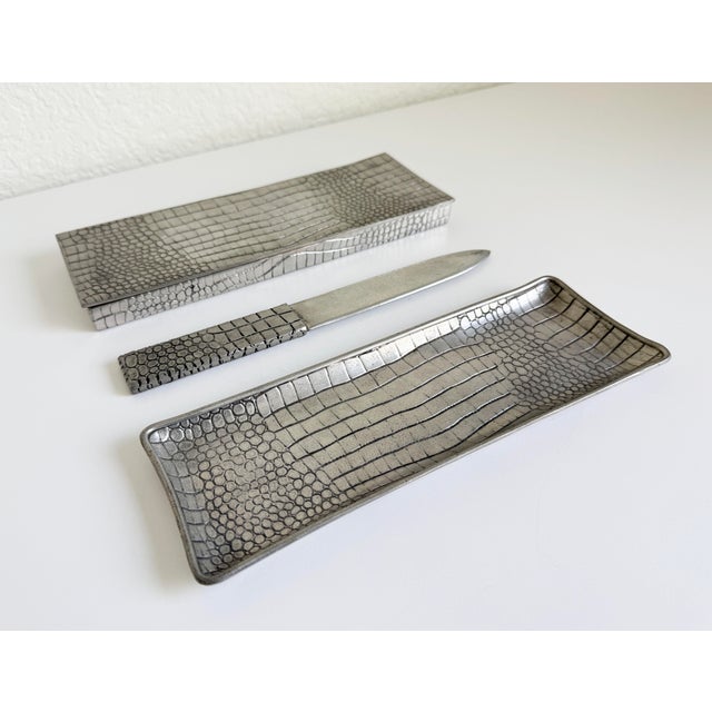 French Pewter Crocodile Embossed Desk Set - Set of 3 For Sale - Image 4 of 8