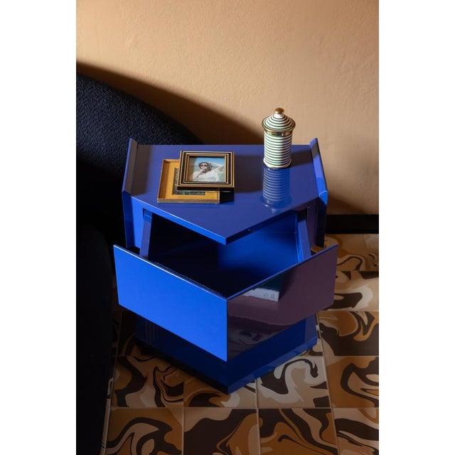Last Call Nightstand in Glossy Blue Lacquered MDF & Flute Mirror by Softhouse For Sale - Image 6 of 7