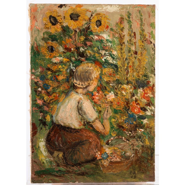 Unknown, Young Woman Among Sunflowers, 1909, Oil on Canvas For Sale - Image 8 of 14