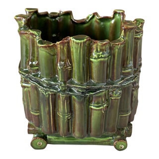 Vintage Coastal Ceramic Glazed Faux Bamboo Footed Cachepot Planter For Sale