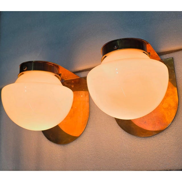 Art Deco Pair Vintage Art Deco Light Old Lamp Wall Sconces Fixture Brass & Milk Glass Shade Lamp Ship Light For Sale - Image 3 of 8