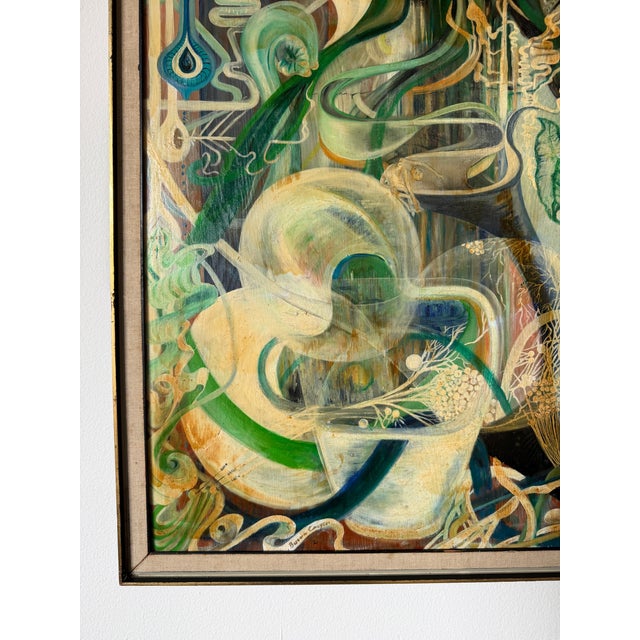 Green 1970s Barbara Conger Expressionist Surrealist Abstract Oil on Plywood Painting, Framed For Sale - Image 8 of 12