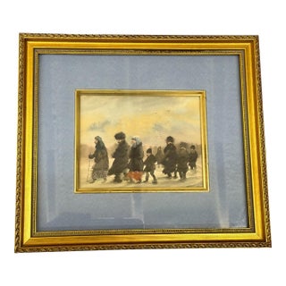 Antique Watercolor of a Russian Winter Procession in Ornate Gilt Frame - Unsigned Unknown Artist For Sale