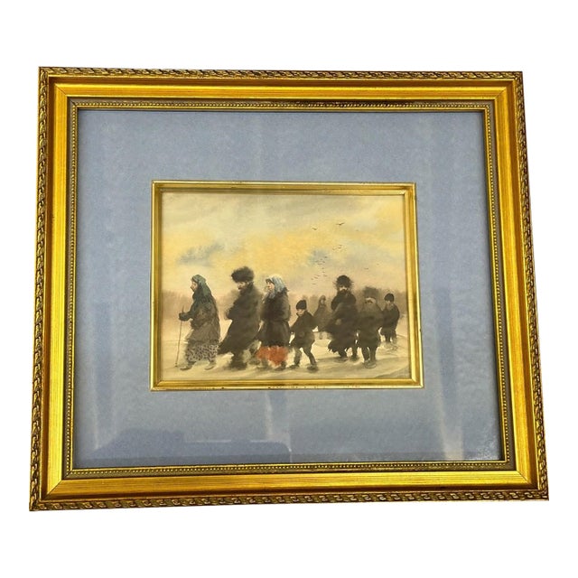 Antique Watercolor of a Russian Winter Procession in Ornate Gilt Frame - Unsigned Unknown Artist For Sale