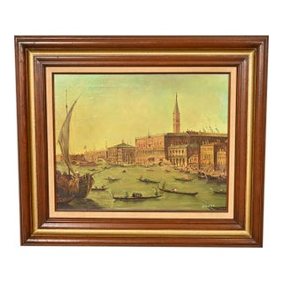 Original Artist Signed "Venetian Harbor" Framed Oil Painting on Canvas For Sale
