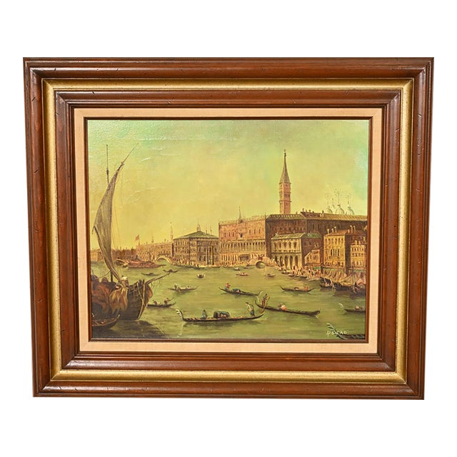 Original Artist Signed "Venetian Harbor" Framed Oil Painting on Canvas For Sale