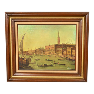 Original Artist Signed "Venetian Harbor" Framed Oil Painting on Canvas